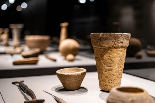 Display of ancient pottery and tools on a museum surface, with a tall conical pot and smaller bowl in focus.