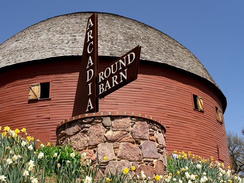 Iconic red Arcadia round barn with a stone base and daffodils in bloom.
