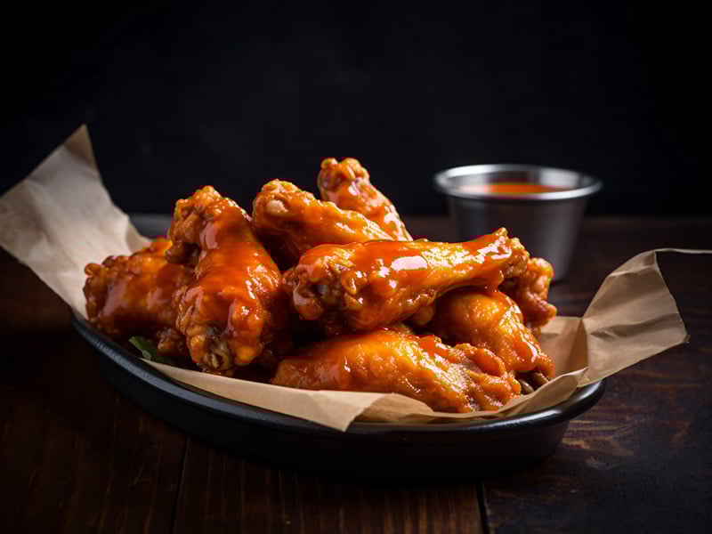 Glazed wings served on parchment paper with a small cup of sauce in the background.