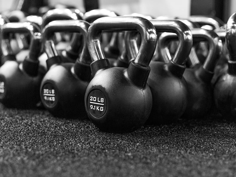 Row of 20-pound kettlebells in a fitness center near Little Axe, Oklahoma
