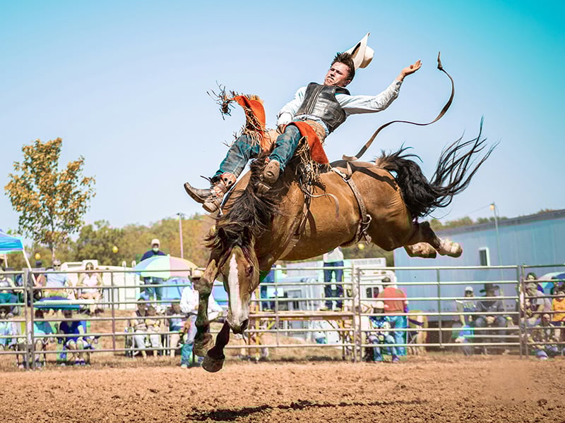 Cowboy riding a bucking bronco during a high-energy rodeo competition at Lazy E Arena in Oklahoma, with spectators watching from the stands
