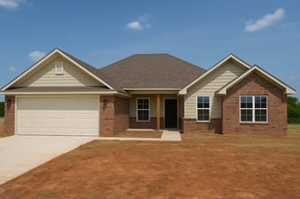 New ranch-style home in Oklahoma with brick and siding exterior, used as cover image for article about closing costs on new construction.