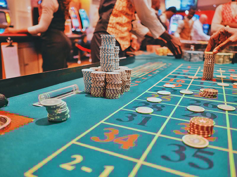 Roulette table and poker chips at Thunderbird Casino near Little Axe, Oklahoma
